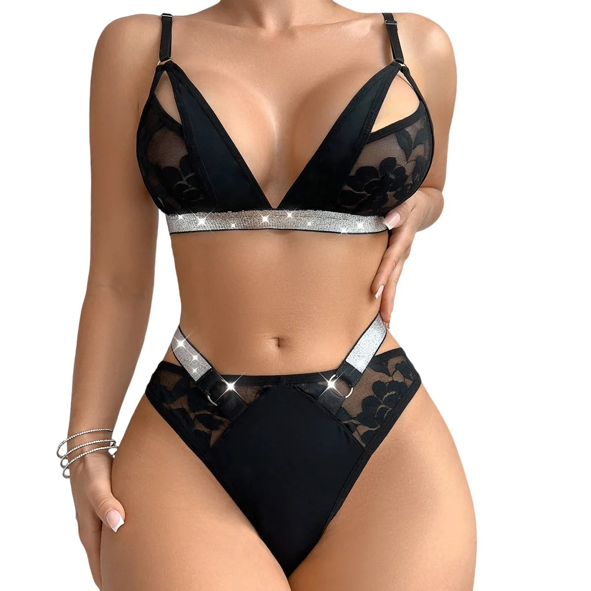 2pcs Sexy Bras and Panties Sets Shiny Wire-Free No Pad Bras Erotic Female Underwear Set Sexy Lingerie 3/4 Cup Size Brassiere