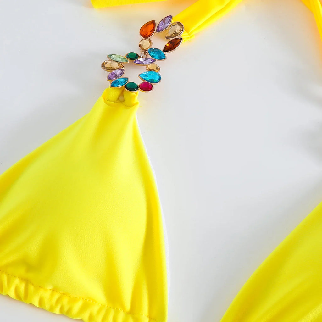 Mesh Skirt Halter Jewelled Diamond Bikini Female Swimsuit Women Swimwear Three-pieces Bikini Set Bathing Suit Swim Beachwear