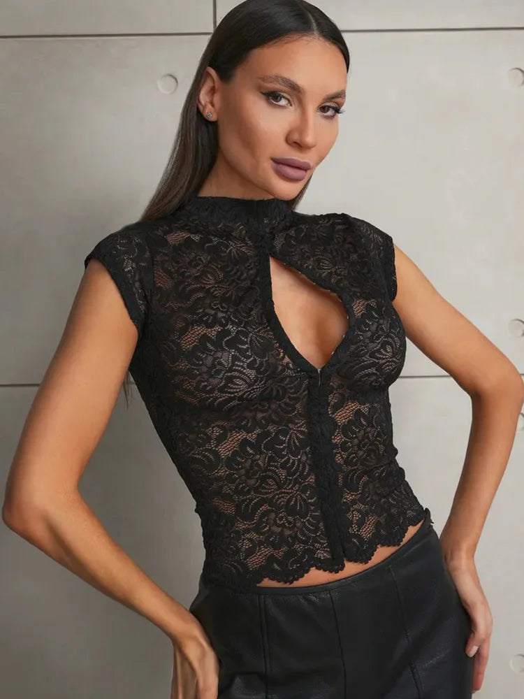 Ahagaga Summer Chic Lace Patchwork Tops Tees Sexy Sleeveless High Neck Hollow Out Slim Regular Elegant Club T-Shirt for Ladies