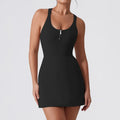 Front Zipper Tennis Dresses Women Summer Sleeveless Sports Athletic Dress Outdoor Cross Backless Pocket Short Workout Skirts