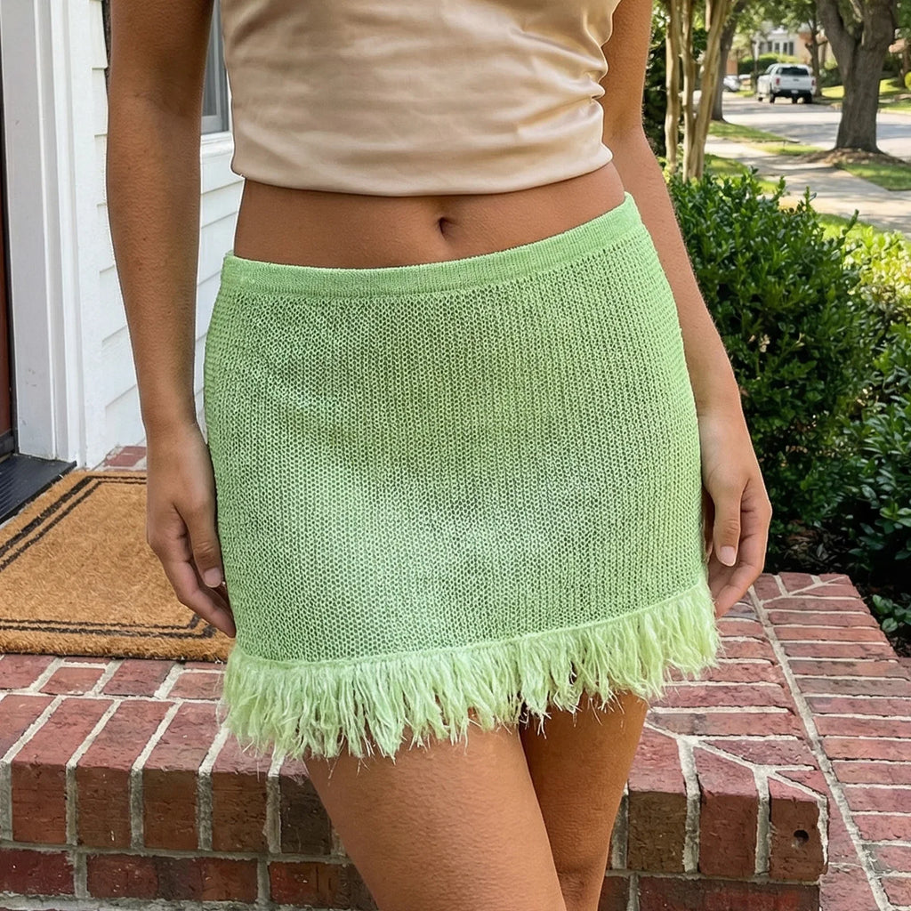 Summer Women's Knit Mini Skirt Solid Color Plush Tassel Trim Pencil Skirts Going Out Bohemian Beach Sexy Skirts