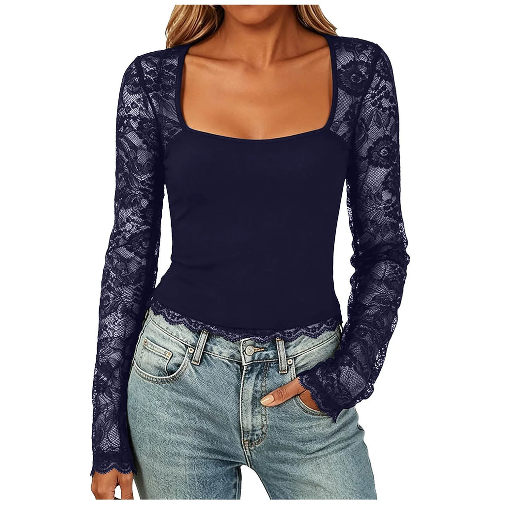 Women'S Sexy Lace Patchwork Square Collar Long Sleeve T-Shirt Elegant Sheer Mesh Slim Fit Cropped Top Spring/Fall 2026 Basic Top