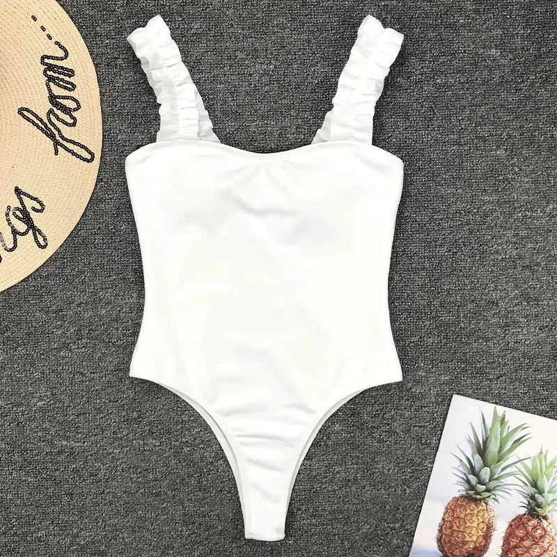 Sexy White Frill Trim Ruffled Ribbed Female Swimwear One Piece Swimsuit Women Monokini High Cut Bather Bathing Suit Swim Lady