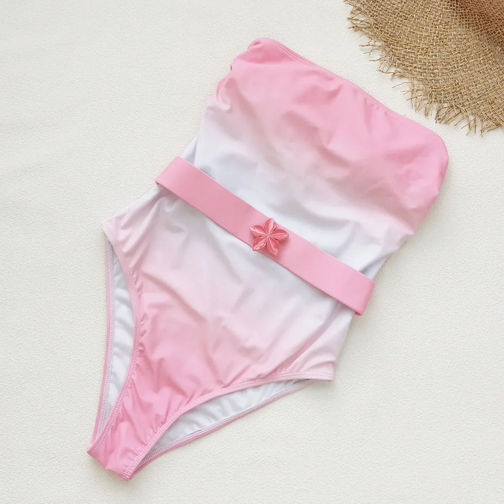 Vintage Pink Tie Dye Gradient Swimwear Women 2026 Bandeau Starfish Ornament Belt Tummy Control One Piece Swimsuit Monokini