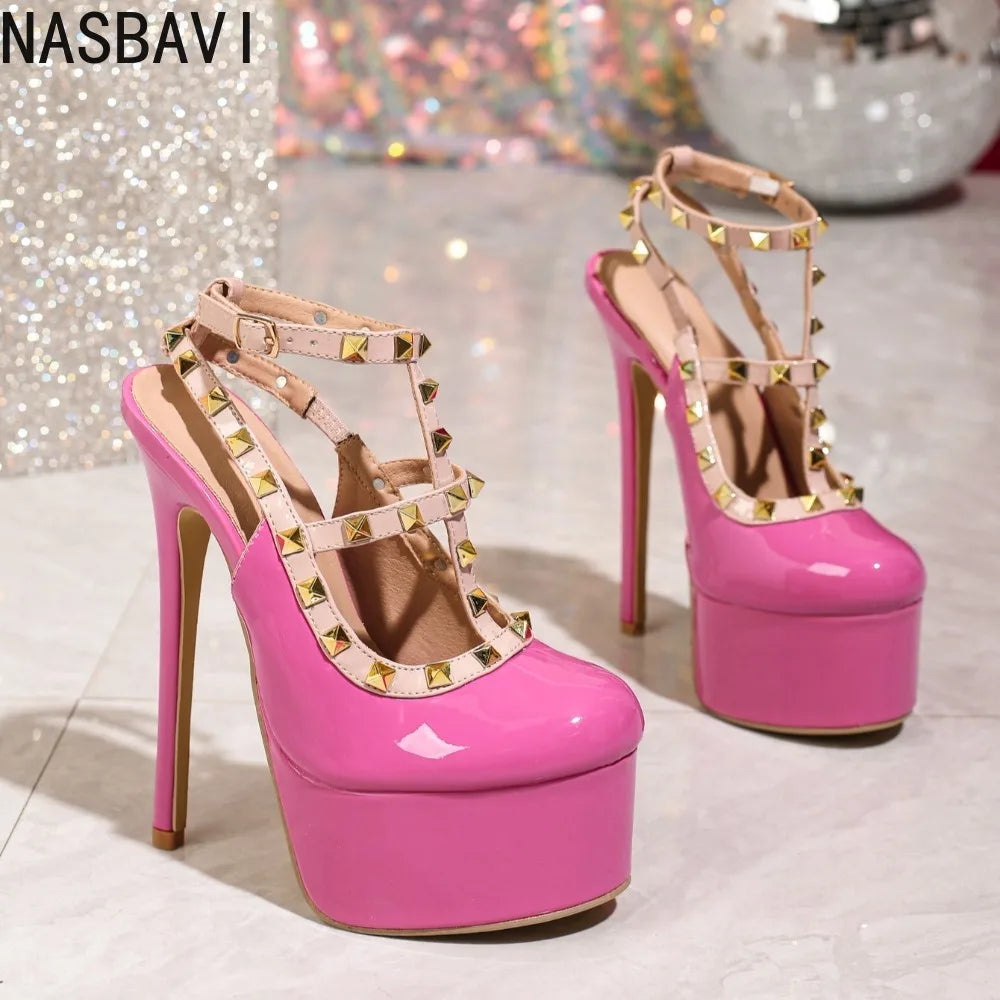 Summer New Fashion Thick Sole Sandals Thick High Heel Riveted Sexy Fashion Show Banquet Party Large Women's Shoes