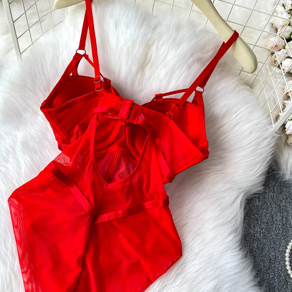 MOYISU Sexy Instagram Viral Bodysuit Women Pure & Sexy Sheer Mesh Halter Push Up Pads Summer Lingerie Euro Style Hot Sale SG
