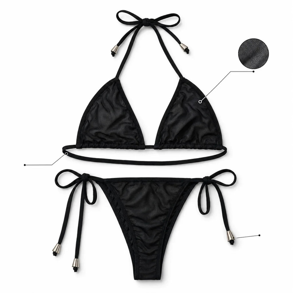 Women Bikini Set 2pcs Black Halter Triangle Swimsuit, Tie Side V Shape Bottom, Solid Color Beach Vacation Swimwear