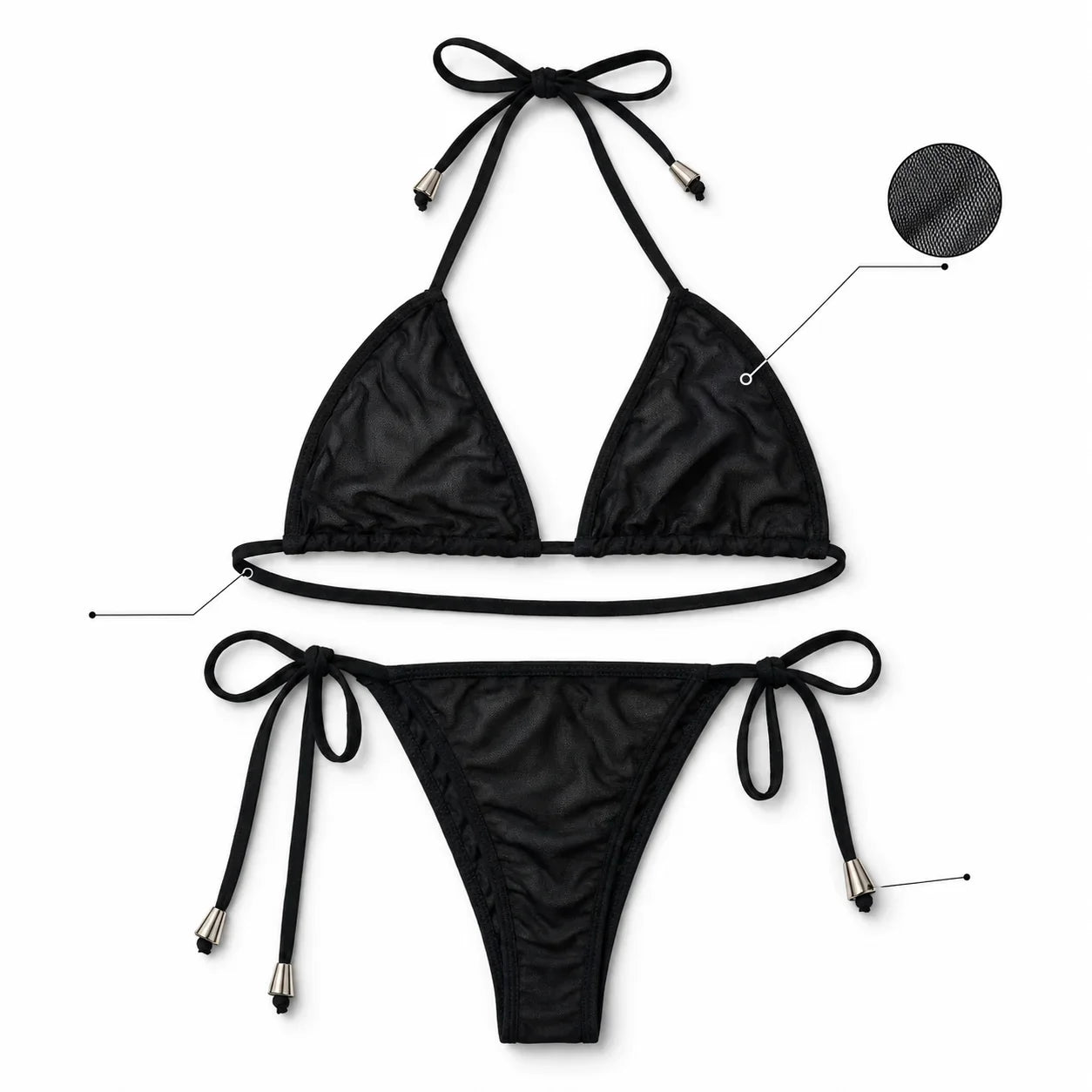 Women Bikini Set 2pcs Black Halter Triangle Swimsuit, Tie Side V Shape Bottom, Solid Color Beach Vacation Swimwear
