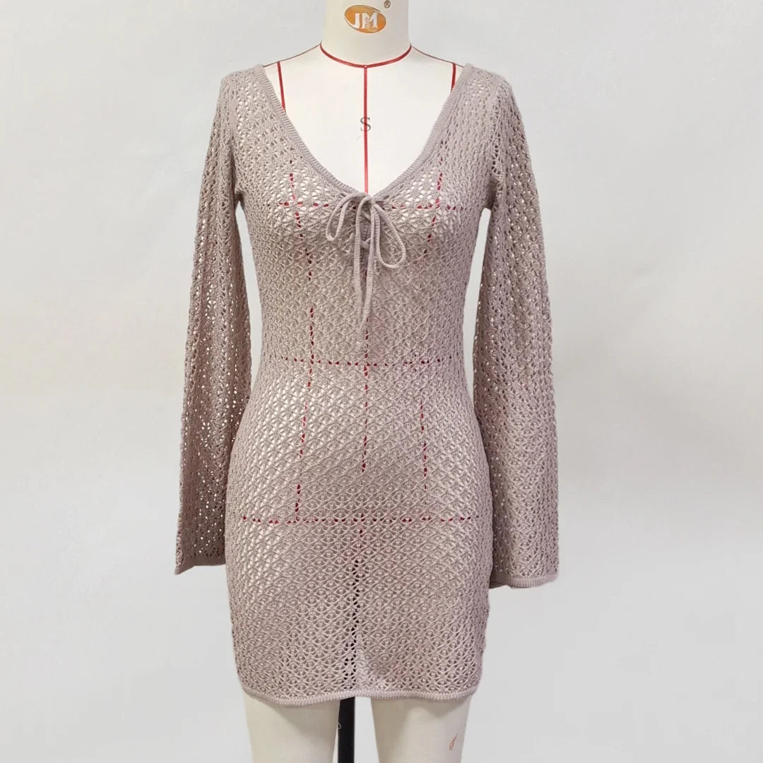 V Neck Long Sleeve Hollow Out Crochet Knitted Tunic Beach Cover Up Cover-ups Beach Dress Beach Wear Beachwear Female Women V6081