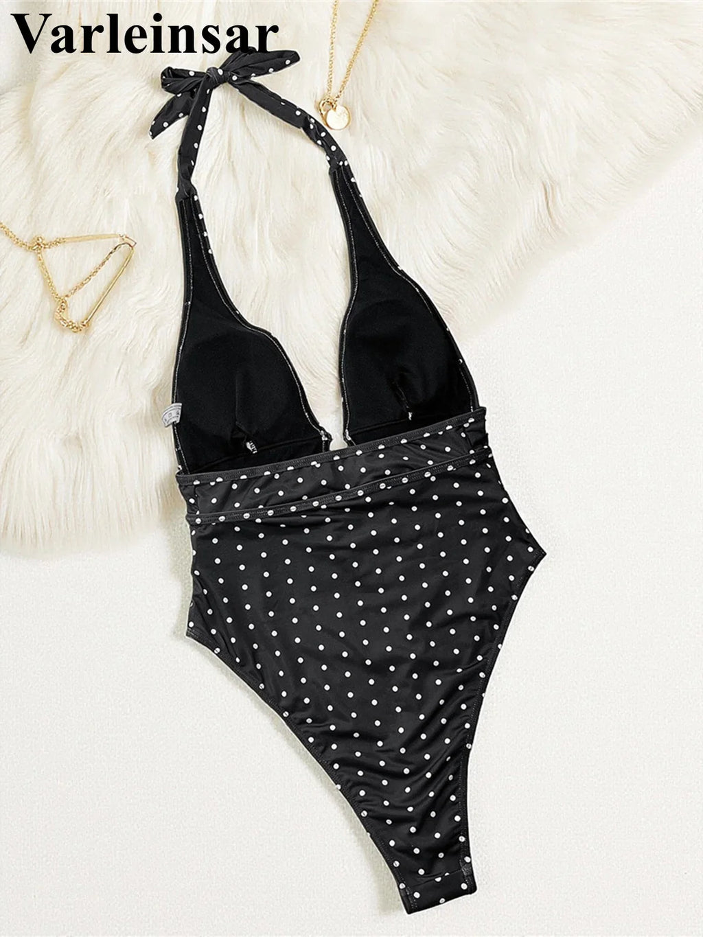 Polka Dots Halter Deep V Neck One Piece Swimsuit Women Swimwear Female Backless Monokini Padded Bather Bathing Suit Swim V7729