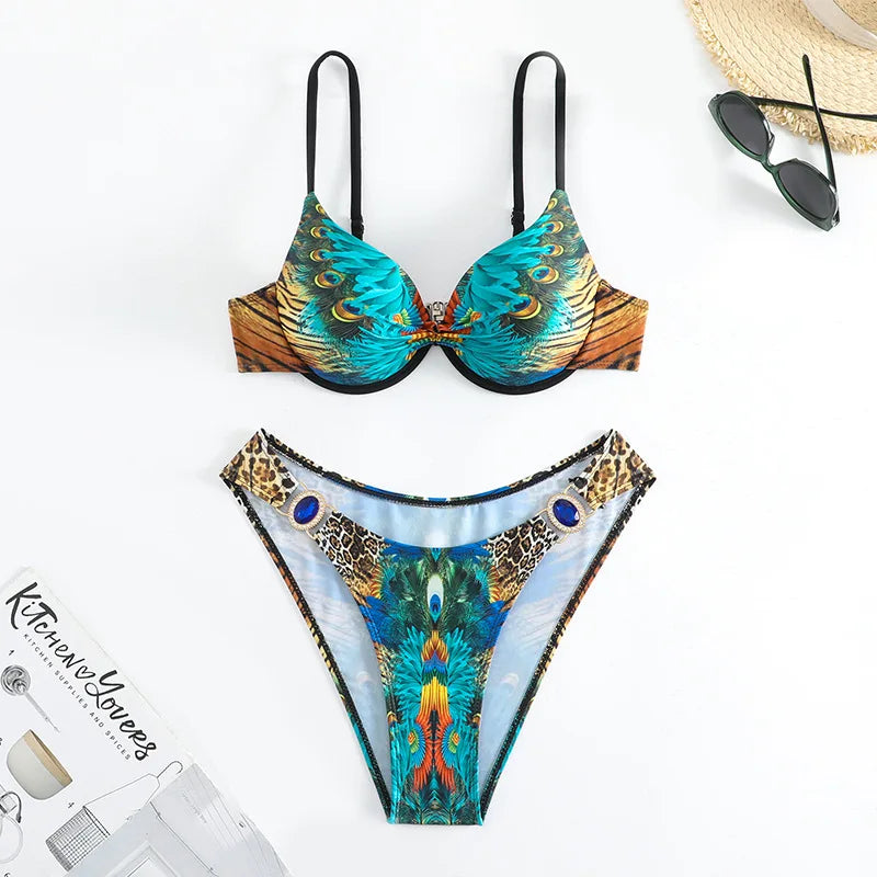 XS-XXL Sexy Peacock Leopard Print High Waist Push Up Bikini Set Two Pieces Swimsuit Beachwear Bathing Suit Swimwear Biquini