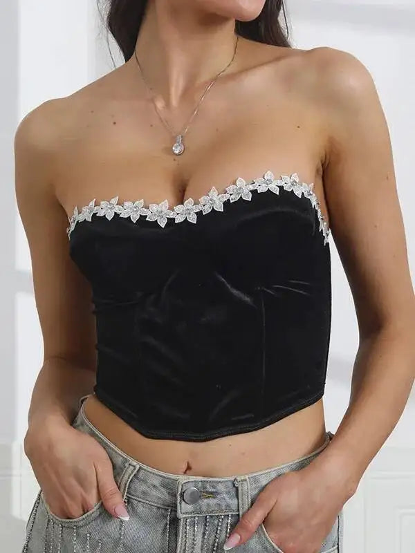 Sexy Tube Top For Women Outerwear Waist Cincher Fishbone Strapless Top Satin Smooth Surface Beaded Flower Embroidery Top DZIE