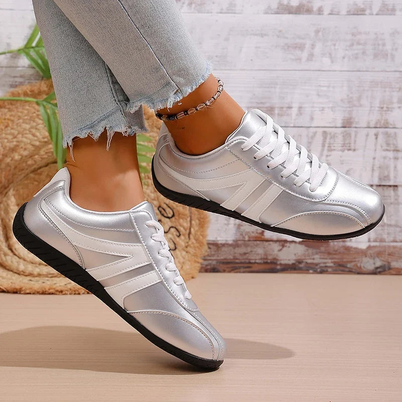 Plus Size 43 Silver Sneakers Women 2026 New Soft Sole Non Slip German Training Shoes Woman Comfortable Fashion Lace Up Flats
