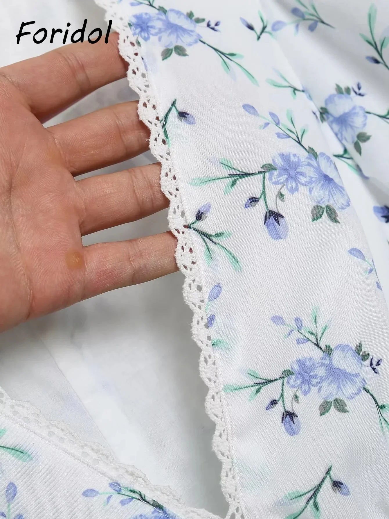 Foridol Blue Flower Print Women Tiered Mini Aummer Autumn Beach Dress Puff Sleeve Vintage Party Cotton Short Boho Lace Dress