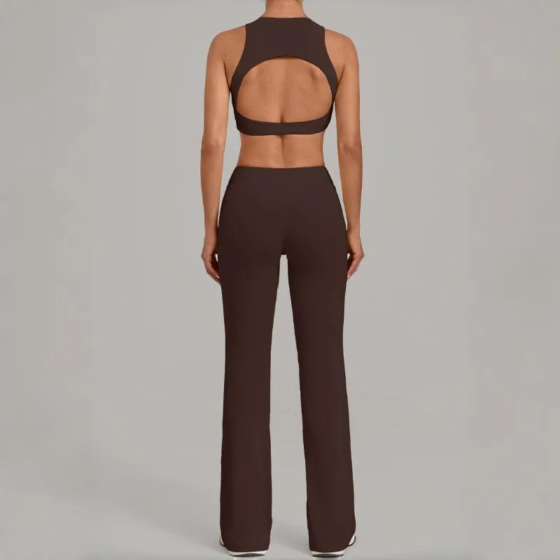 Women's Seamless Yoga Sets Sports Gym Fitness High Waist Hip-lifting Flared-pants Sleeveless Vest Workout Training Running Suits