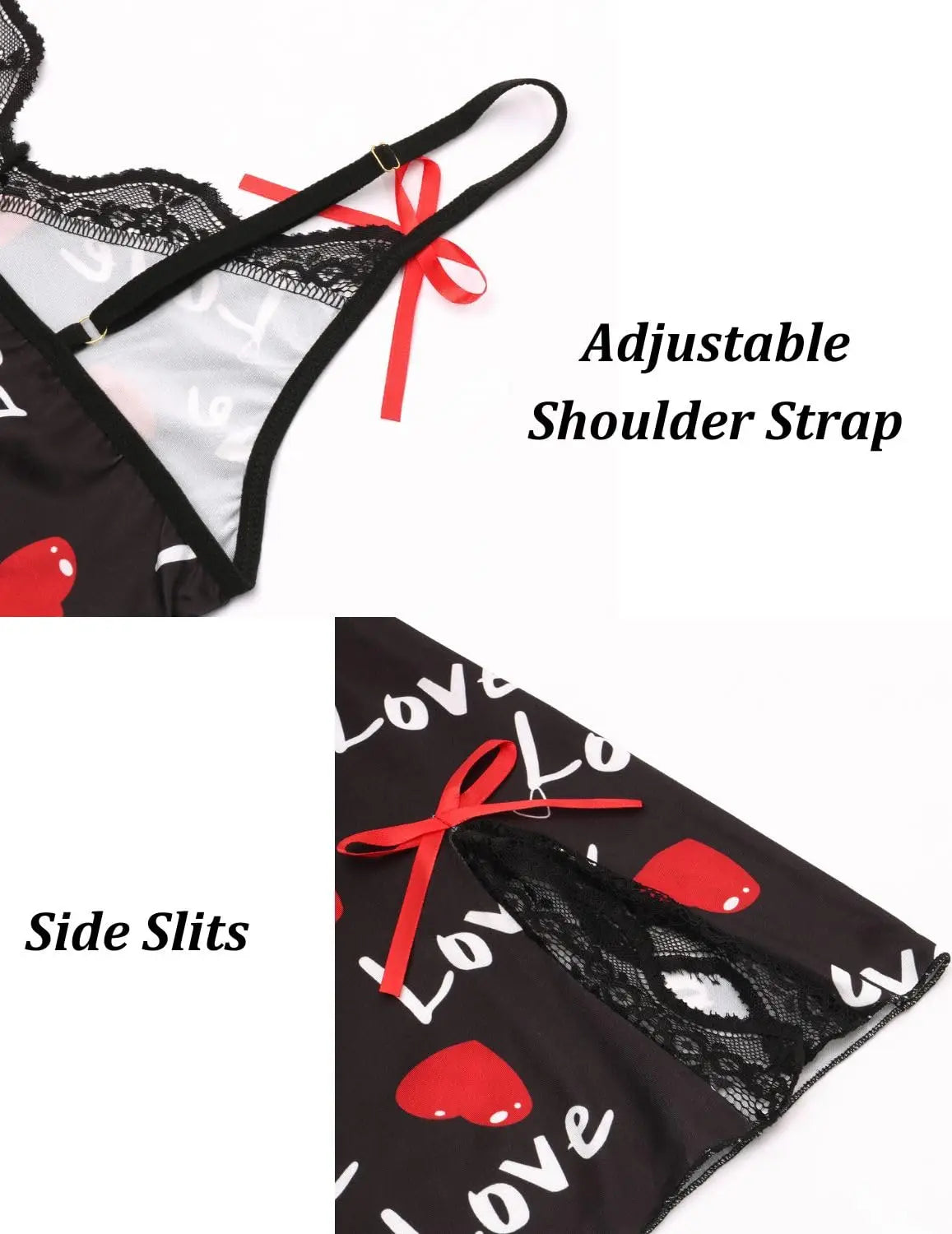 New Sexy Black Nightgown for Women Red Heart  Love Print Satin Lace Trim Mini Chemise Adjustable Spaghetti Strap Lingerie