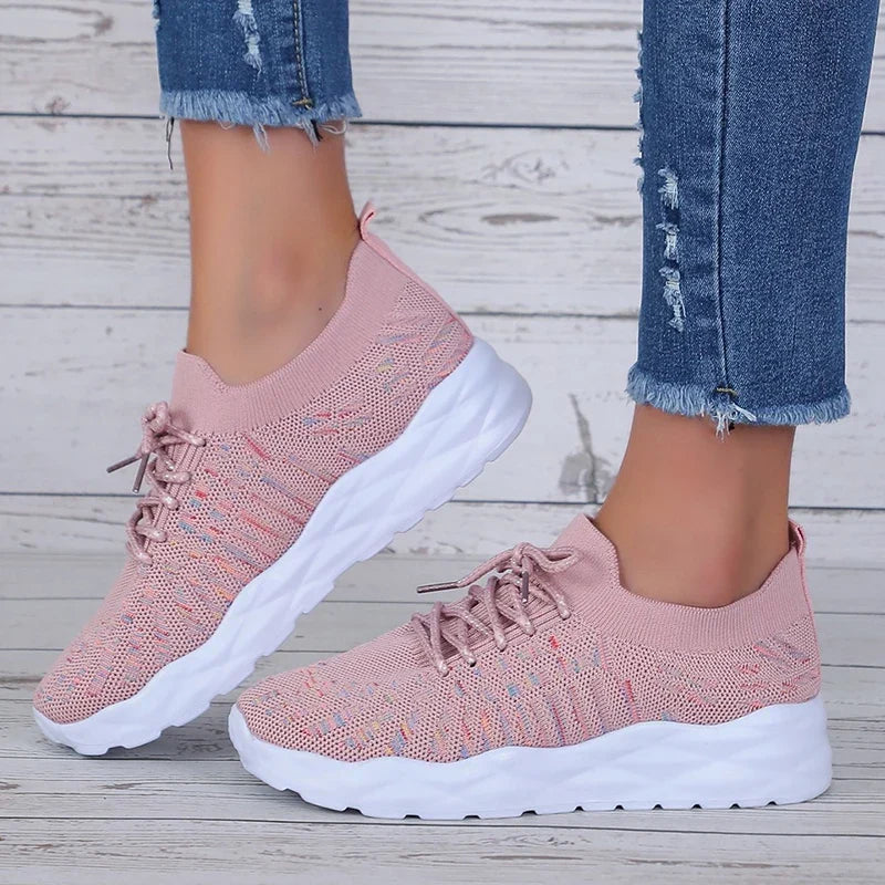 Mixed Color Knitted Platform Sneakers Women Spring Summer Casual Thick Sole Sports Shoes Woman Lace Up Non Slip Walking Shoes