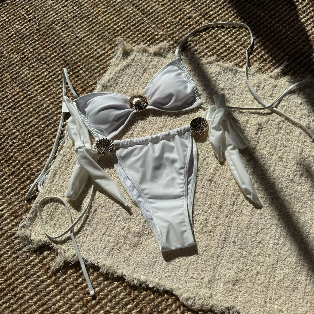 Metal Shell Halter Strappy High Cut Bikini Female Swimsuit Women Swimwear Two-pieces Bikini Set Bather Bathing Suit Swim Lady