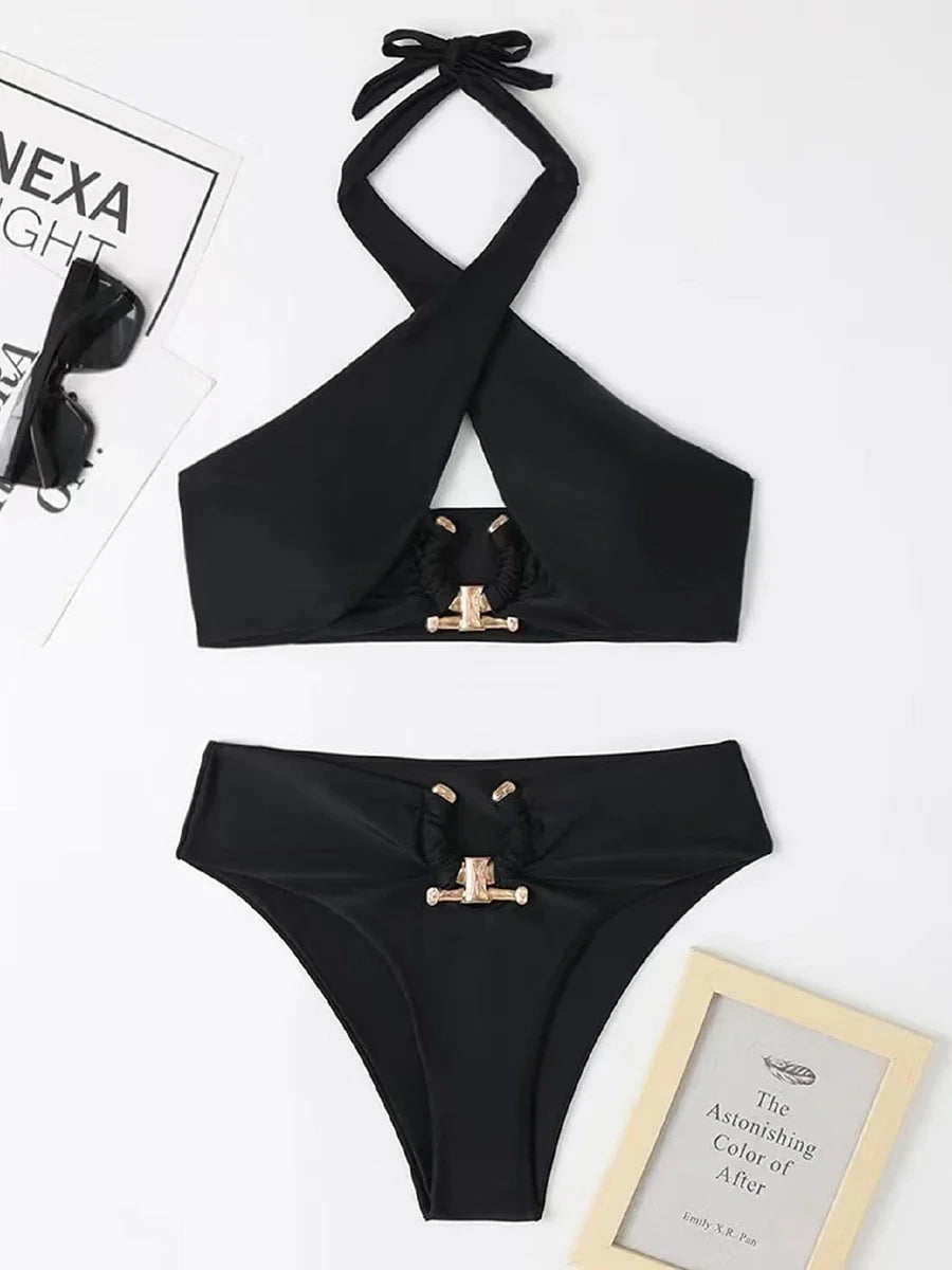 2026 Halter Bikini Solid Metal Link Swimsuit Women Hollow Out Swimwear Female Bathers Bathing Swimming Swim Suit Beachwear