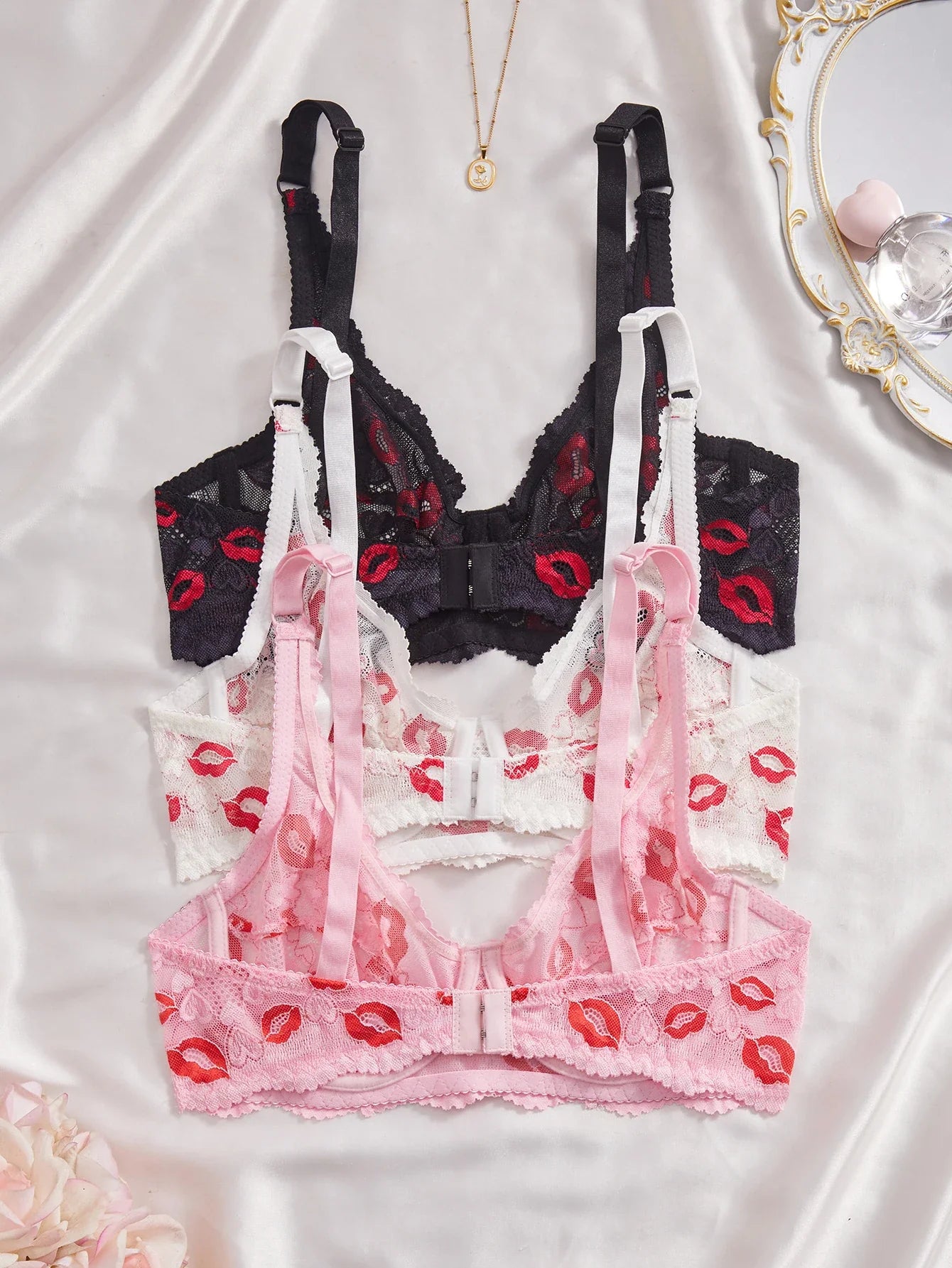 3PCS Sexy Lace Lip Print Women Lingerie Set Hollow Out Mesh Unlined Underwire Bra Bow & Rhinestone Sexy Bras