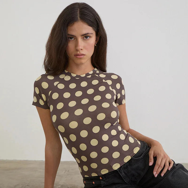 2026 Summer Women's Tops Round Neck Short Sexy Polka Dot T-Shirt Tops