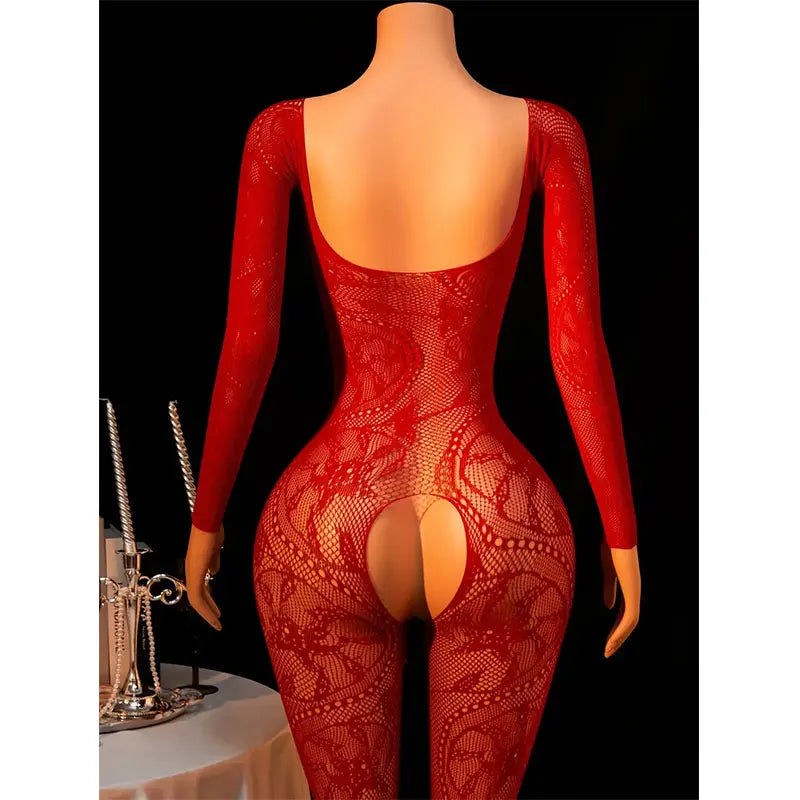 Hot Sexy Lingerie Erotic Crotchless Women Mesh Hollow Bodystockings Full Sleeve Leopard  Sling Hanging Neck Underwear Body Suits