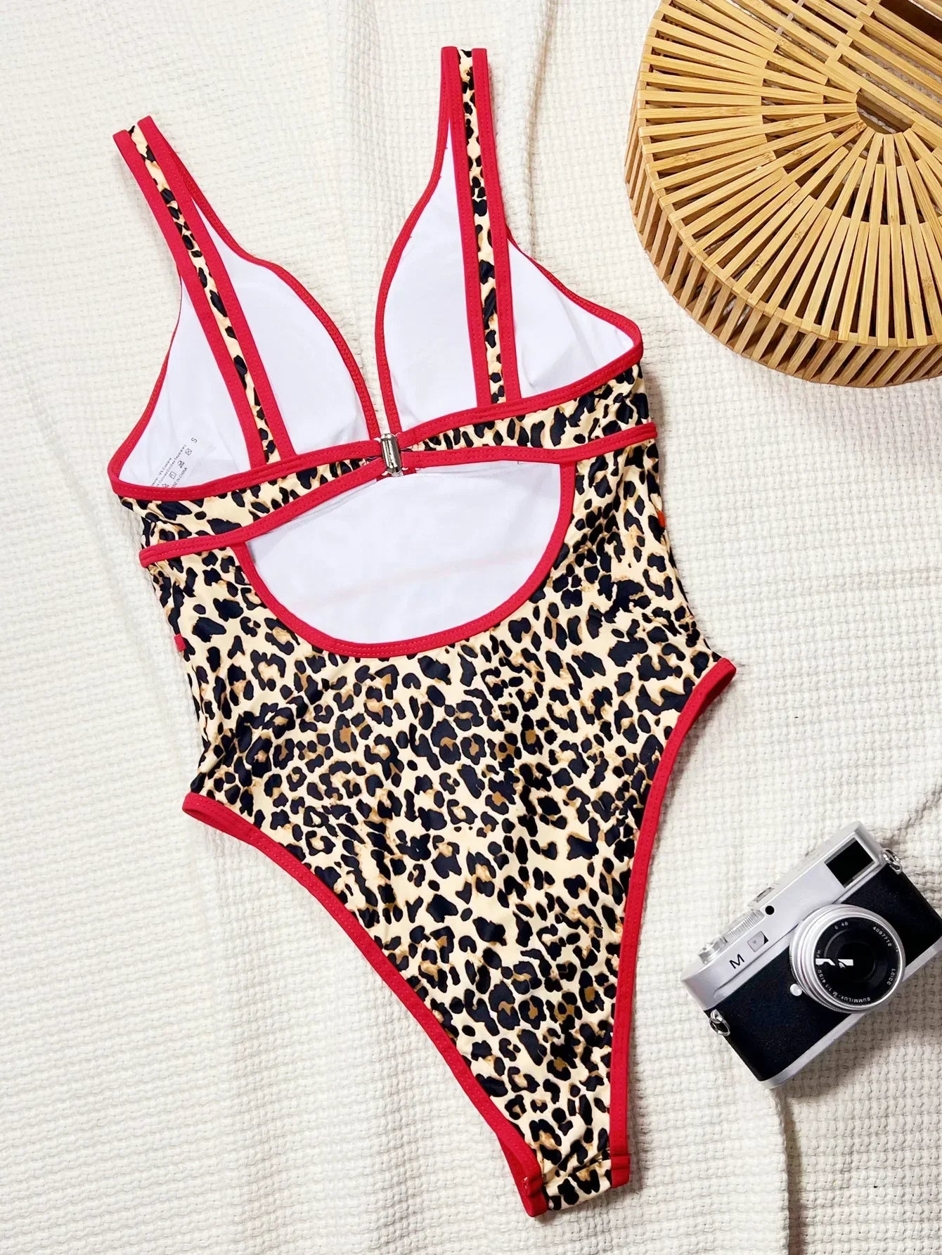 Sexy Red Leopard Print Patchwork Swimwear Women 2025 V Neck Hollow Out Backless One Piece Swimsuit Beach Bathing Suit Monokini