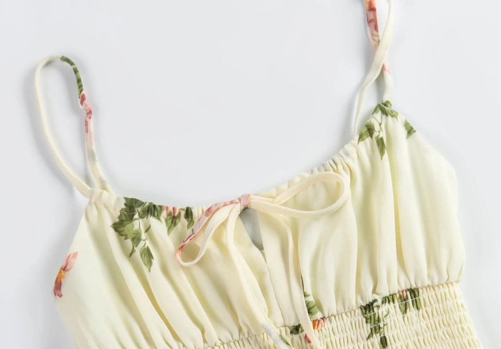 Spaghetti Strap Lace Up Beige Chiffon Summer Dress Sexy Slip Midi Sleeveless Dress Robe Big Flower Print Women Beach Dress Boho