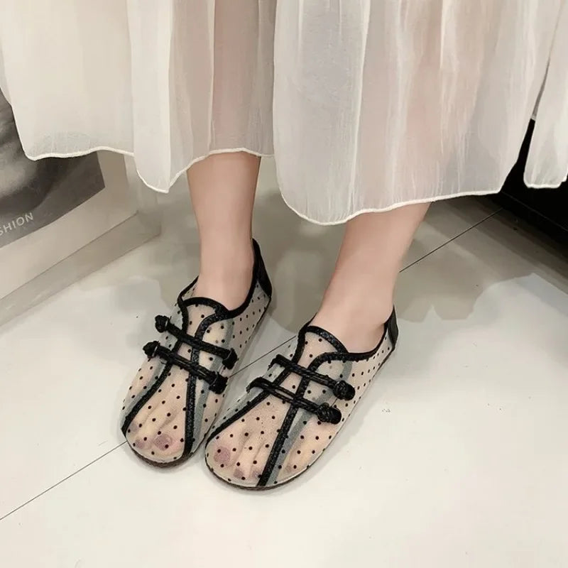 2026 Summer Mesh Breathable Polka Dot Single Shoes Women's Bow Mary Jane Shoes Soft Sole Non-slip Versatile