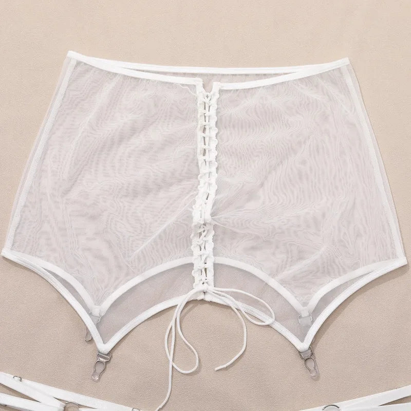 Toucheart Sexy Lingerie for Women Solid Color Mesh See-through Women's Plunge Underwear Suit Sexy Garters Lingerie 4-piece Set