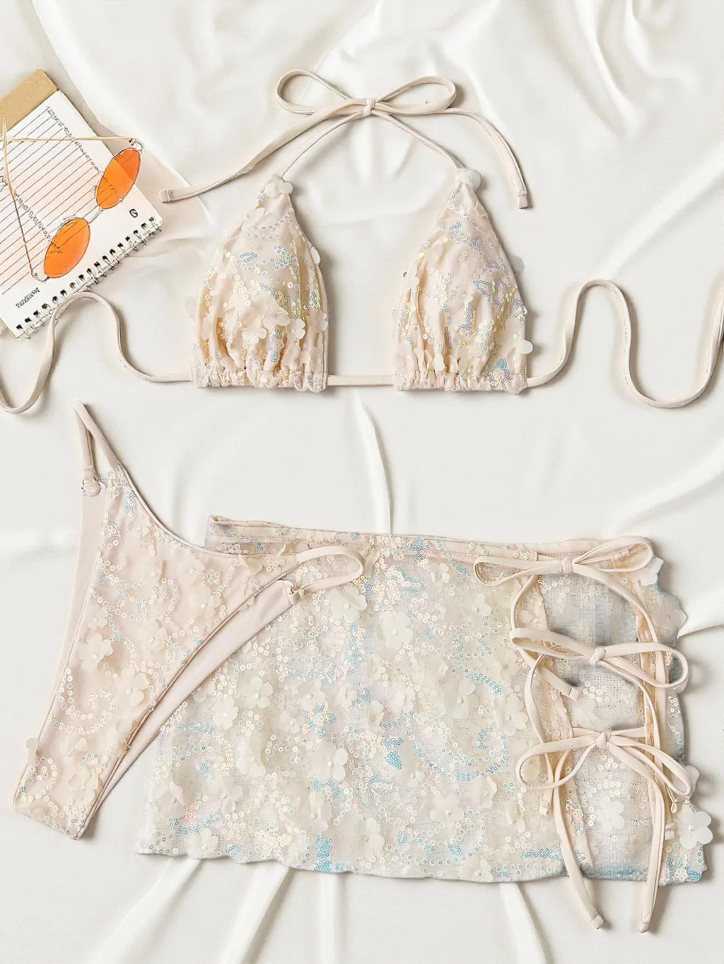 Sexy Shiny Sequin Blue White Bikini Set Women 3D Mesh Flower Cover Up 3 Piece Thong Swimsuit Beach Holiday Bathing Suit Swimwear