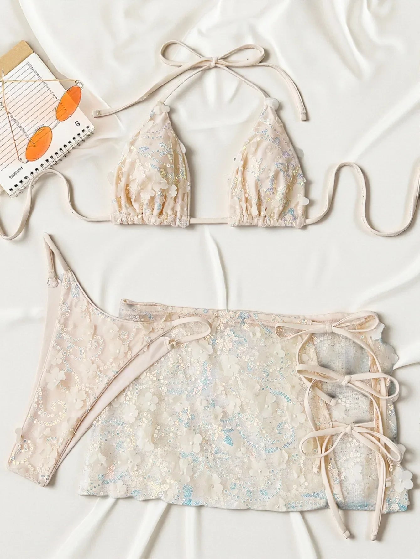 Sexy Shiny Sequin Blue White Bikini Set Women 3D Mesh Flower Cover Up 3 Piece Thong Swimsuit Beach Holiday Bathing Suit Swimwear