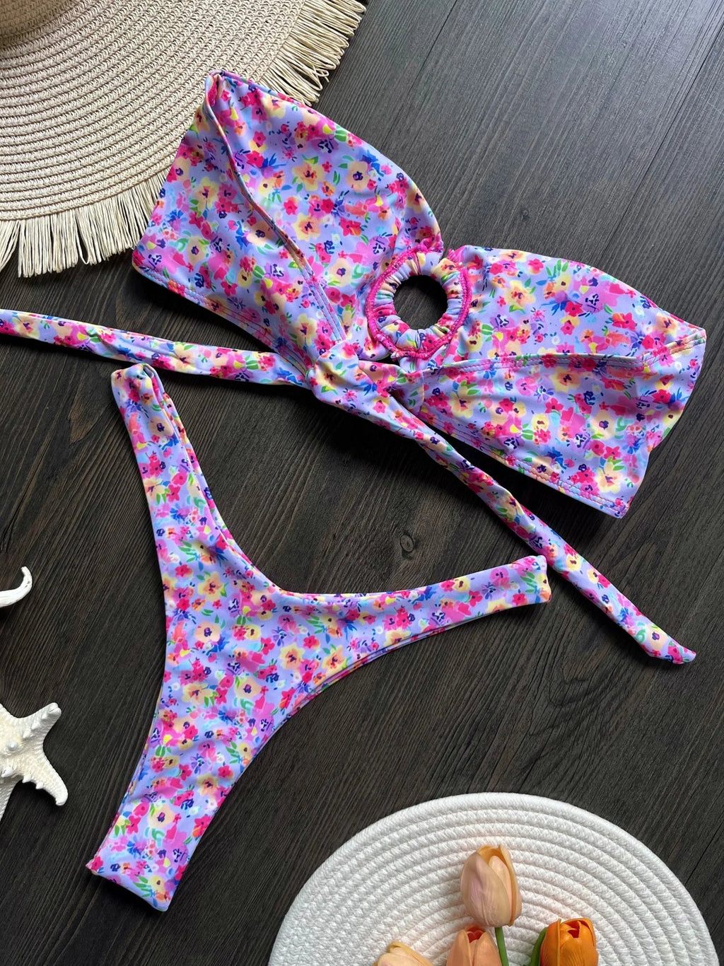 Sexy Colorful Floral Printed Bandeau Bikini Female Swimsuit Women Swimwear Two-pieces Bikini set Bather Bathing Suit Swim