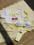 Cherry Print Mesh Short Sleeve Mini Bikini Female Swimsuit Women Swimwear Three-pieces Bikini Set Bathing Suit Swim Beachwear
