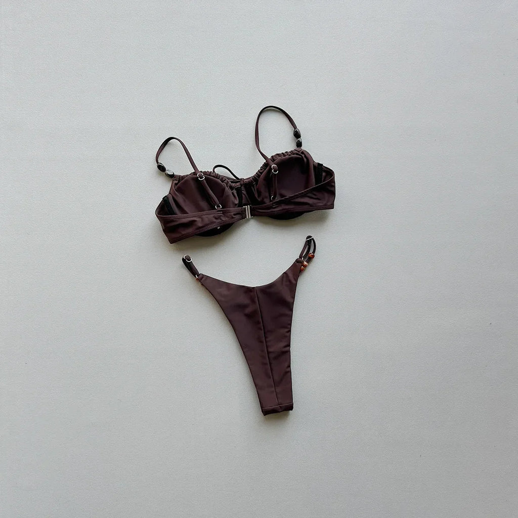 New Fashion Women Sexy Underwire Padded Swimsuit Bead Decor Lace-up Backless Micro Bikini Beachwear Push Up Low Waist Swimwear
