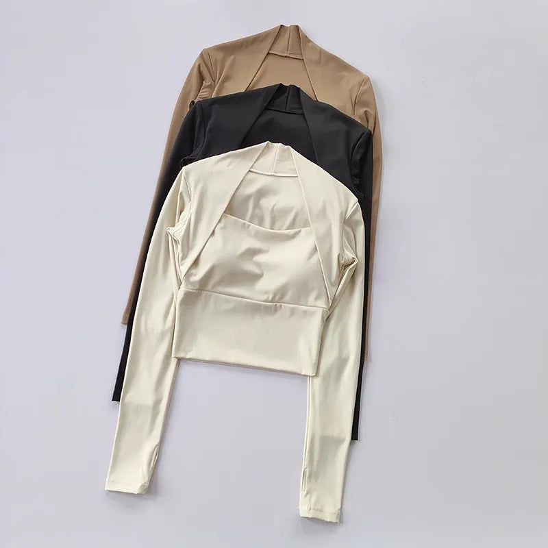 Women's Long Sleeve Fitness Sports Top Elegant Dance Yoga Shirt with Chest Cushion Small Waistband for Gym Speed up Short