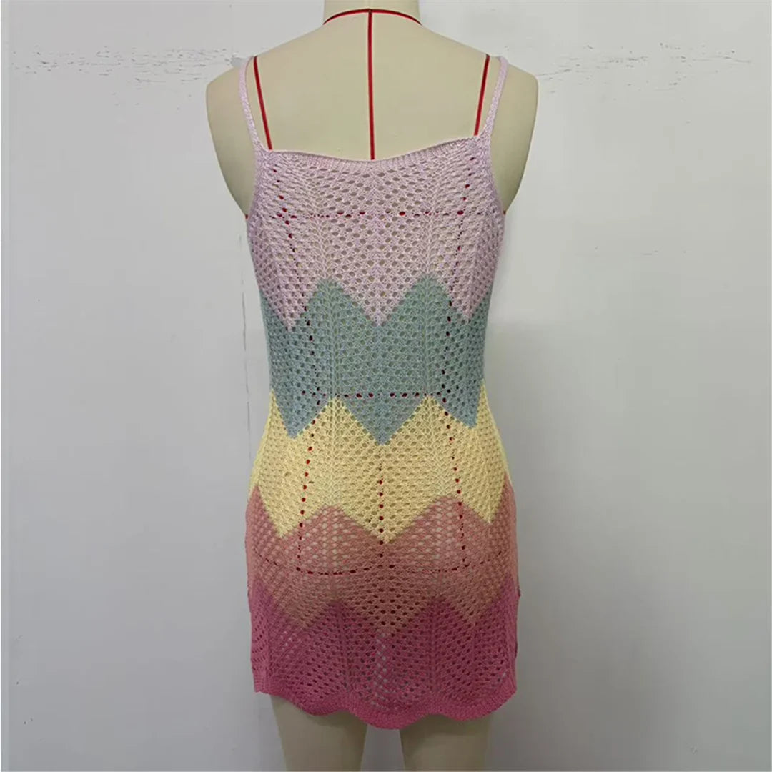 2025 New Colorful Hollow Out Crochet Knitted Tunic Beach Cover Up Cover-ups Beach Dress Beach Wear Beachwear Female Women K6522