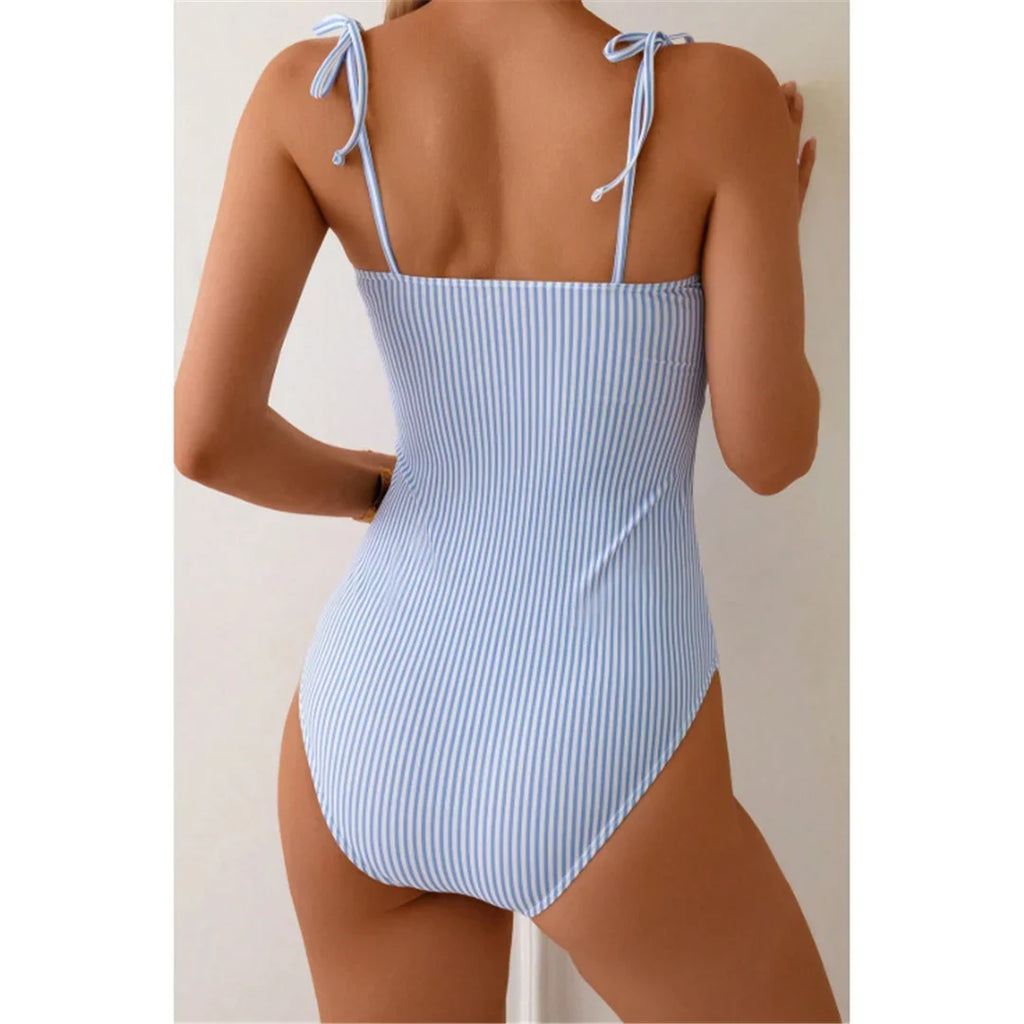 S - XL New Sexy Striped Frilled Strappy Women Swimwear One Piece Swimsuit Female Monokini Padded Bather Bathing Suit Swim V6949