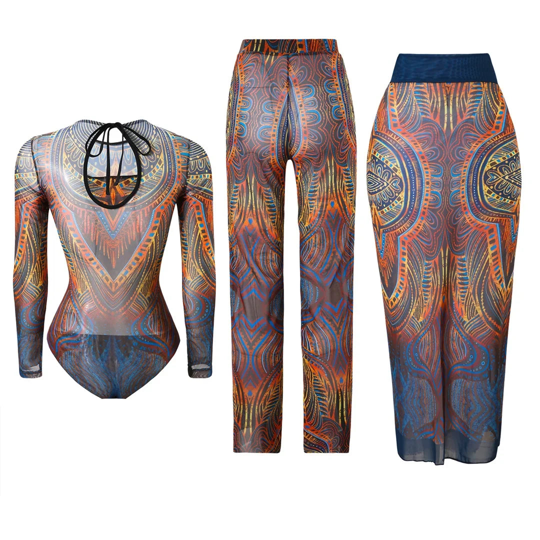 S - XXL 3PCS New Printed Long Sleeve With Pants Sarong Women Swimwear One Piece Swimsuit Female Bather Bathing Suit Swim K7180