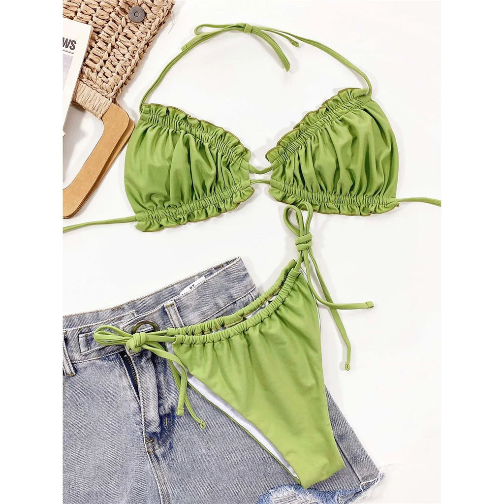 Sexy Ruffled Frilled Pleated Ruched Bikini Women Swimwear Female Swimsuit Two-pieces Bikini Set Bather Bathing Suit Swim V3239