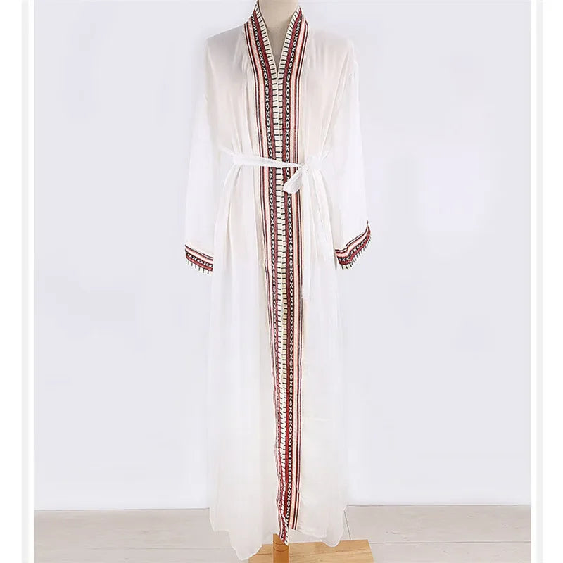 White Chiffon Long Maxi Kimono Cardigan Women Beach Cover Up Embroidery Edge with Belt Tunica Kaftans Femininos Beachwear 2026