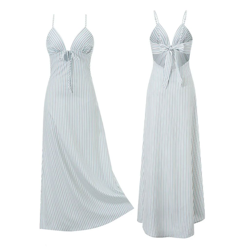 2026 Summer Women Tie-up Back Long Dress Spaghetti Strap V Neck Flowy Loose Dress Casual Party Bohemian Streetwear