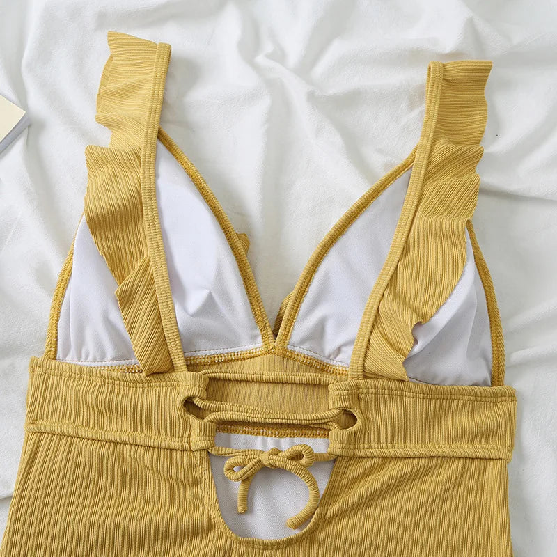 2026 Ruffle Swimsuit One Piece Solid V-neck Backless Swimwear Women Bathing Swimming Swim Suit Female Padded Beach Wear Summer