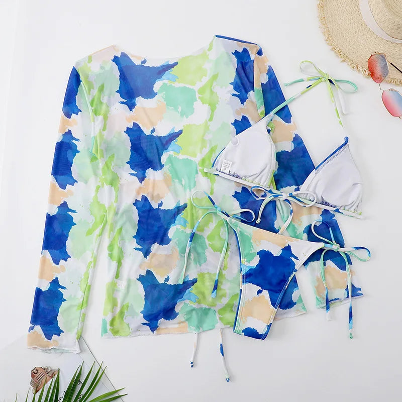 DEKA Sold Triangle Bikini Set Blouse Swimsuit Women Printed Halter Swimwear Cover Up Beach Wear 3 Pieces Sheer Bathing Suit