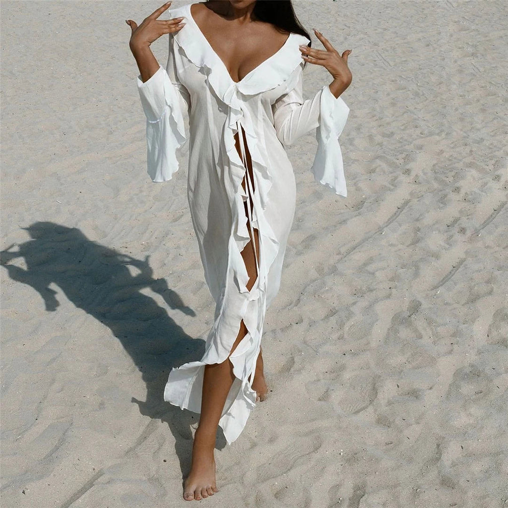 Women's V Neck Ruffled Long Sleeve Dress Chiffon Tunic Beach Cover Up Cover-ups Beach Dress Sunscreen Beachwear Vacation V5976B