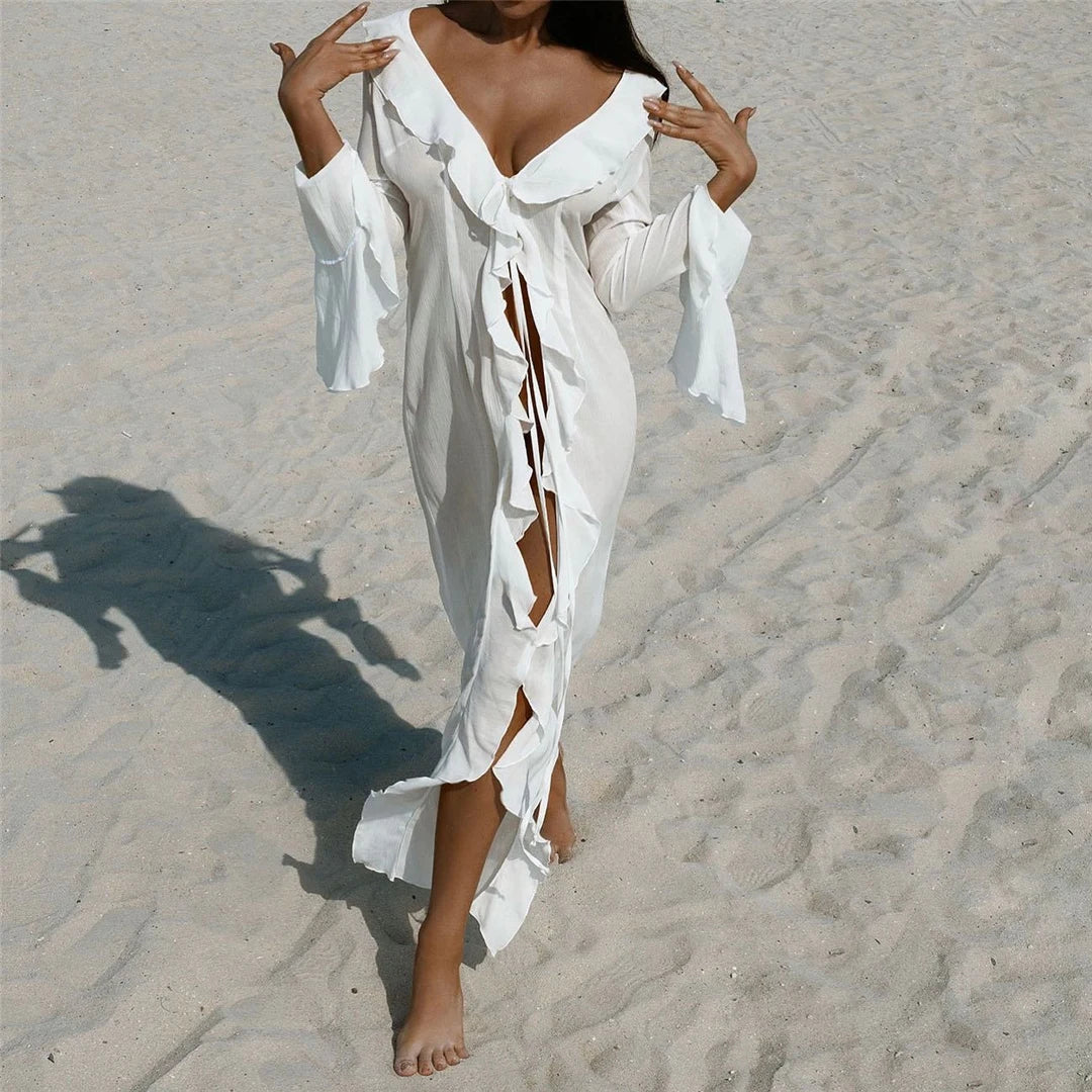 Women's V Neck Ruffled Long Sleeve Dress Chiffon Tunic Beach Cover Up Cover-ups Beach Dress Sunscreen Beachwear Vacation V5976B