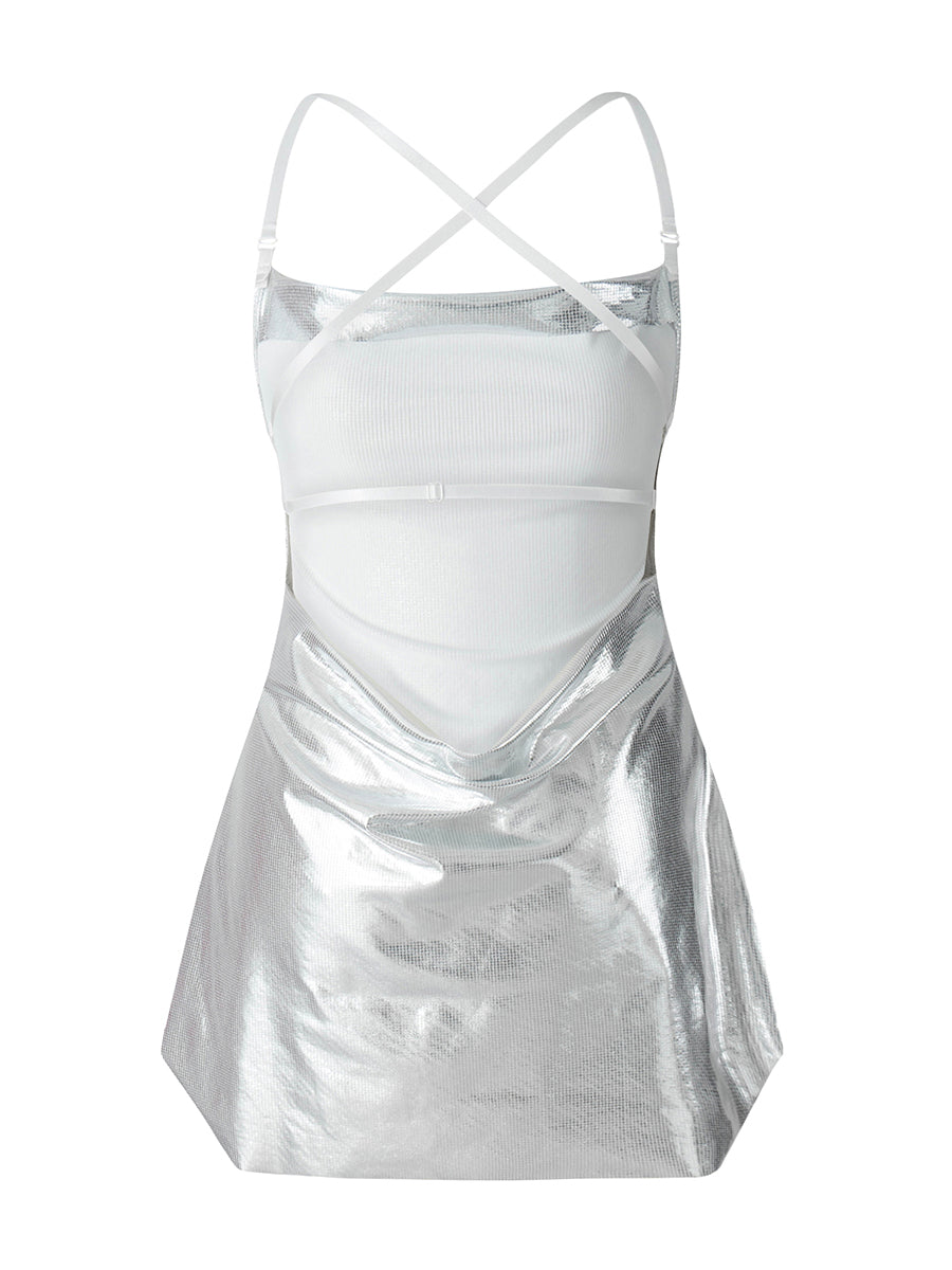 Women Sleeveless Backless Party Club Dress Solid Color Shiny Spaghetti Strap Mini Dress for Cocktail Nightclub Beach