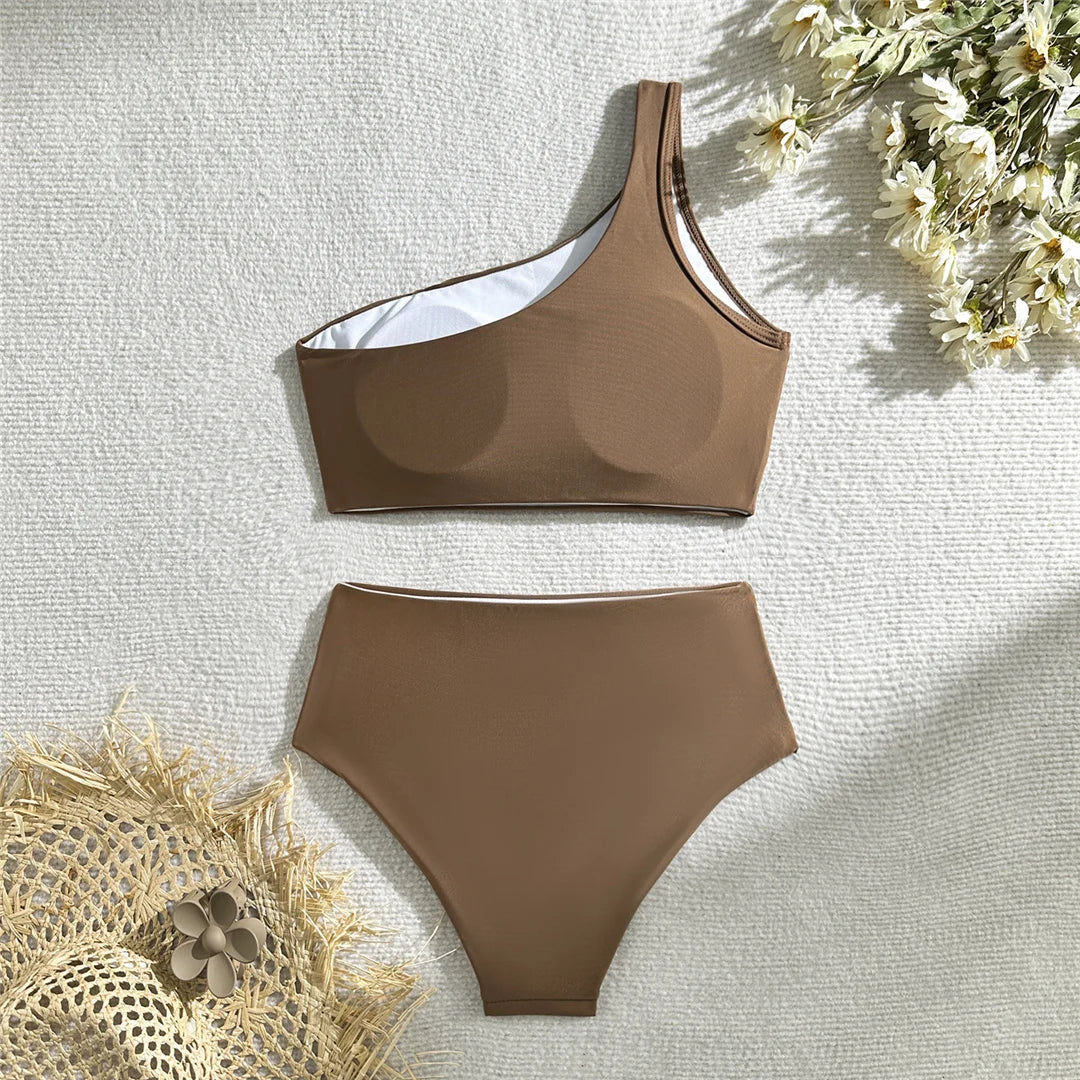 New Wrinkled One Shoulder High Waist Bikini Female Swimsuit Women Swimwear Two-Pieces Bikini Set Bather Bathing Suit Swim V5857