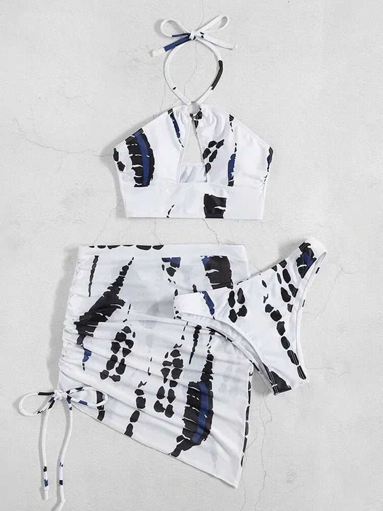 3PCS With Mesh Skirt Halter Bikini Female Swimsuit Women Swimwear Three-pieces Bikini Set Hollow Out Bathing Suit Swim Beachwear