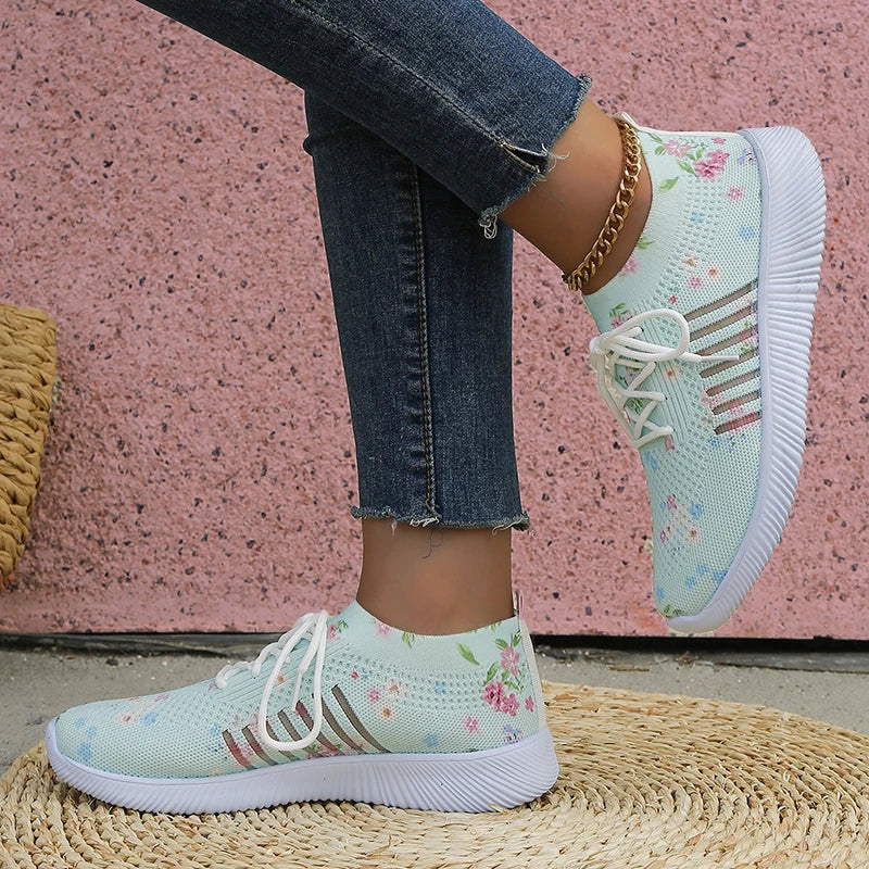 Fashion Printed Breathable Sneakers Women Thick Bottom Knitted Walking Shoes Woman Hollow Out Slip On Sports Shoes Female 35-43